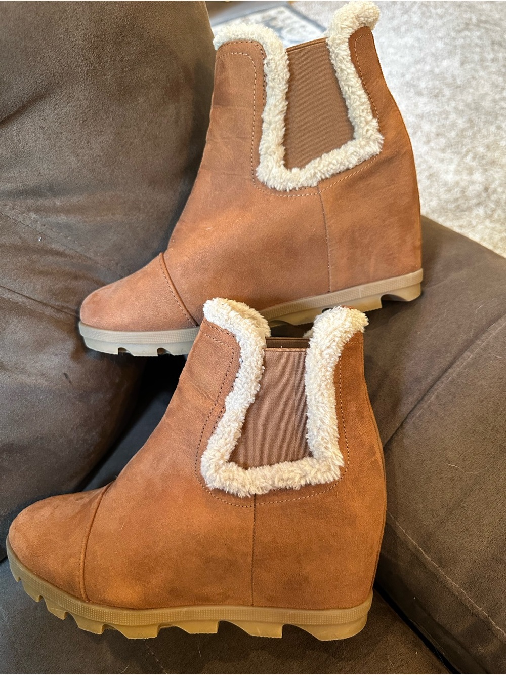 Maurices Womens Wedge Ankle Boots with Cream Sherpa Trim - Brown-Fo Suede